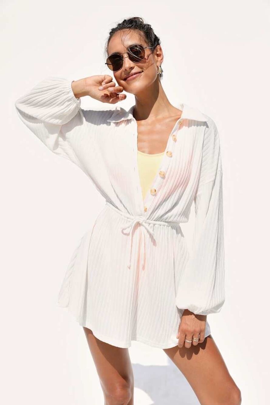NWT Lulus Oasis Awaits White Ribbed Button-Up Mini Swim Cover-Up Size S **FLAW